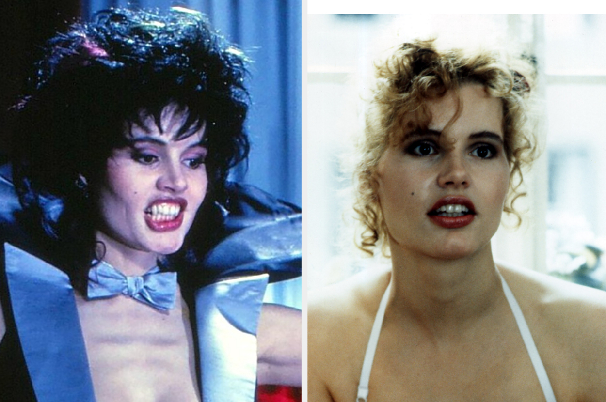 Split image with Geena Davis in two different films, left in vampire costume, right in white top