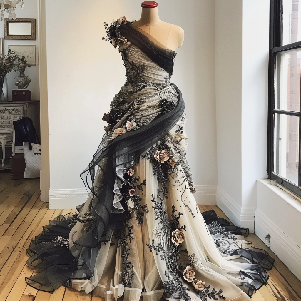 A detailed gown with floral accents and layered fabric on a mannequin in a design studio setting
