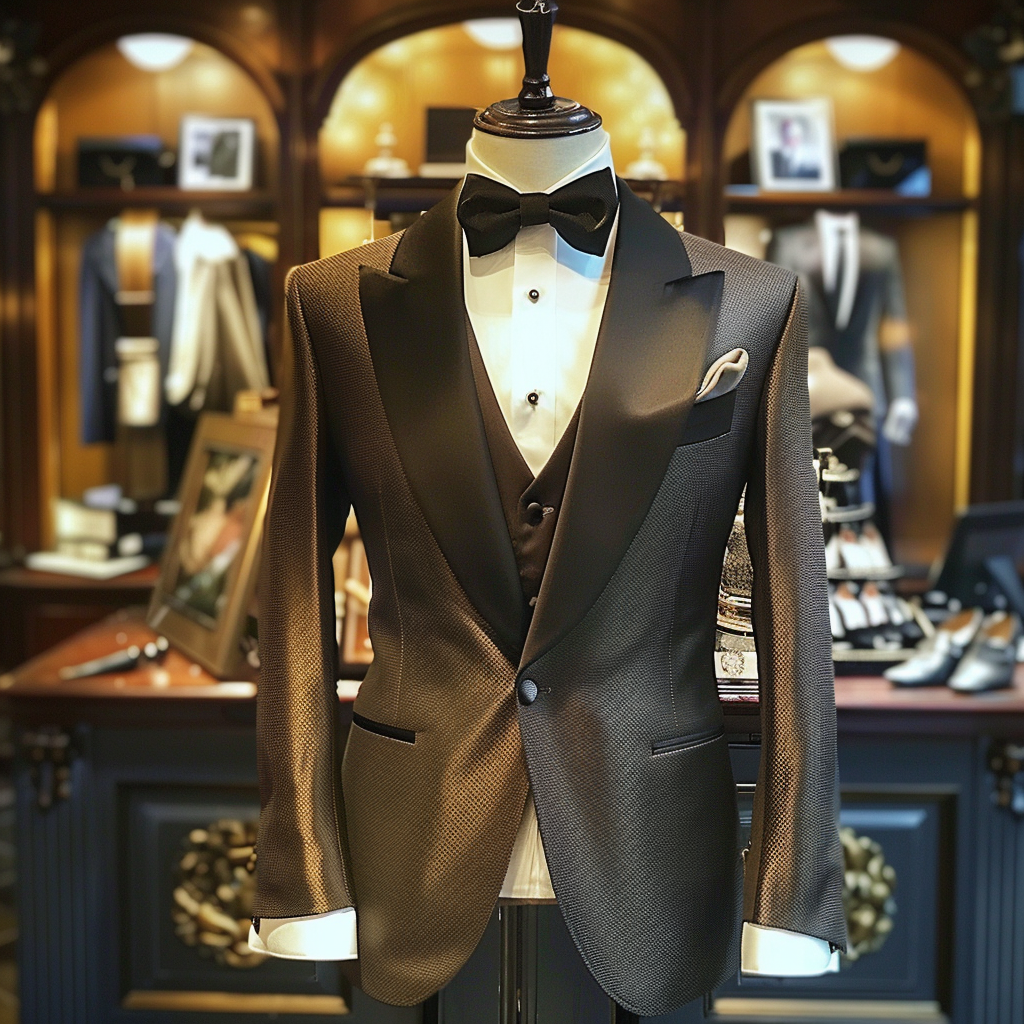 Mannequin with a formal black tuxedo, bow tie, and pocket square in a luxury shop