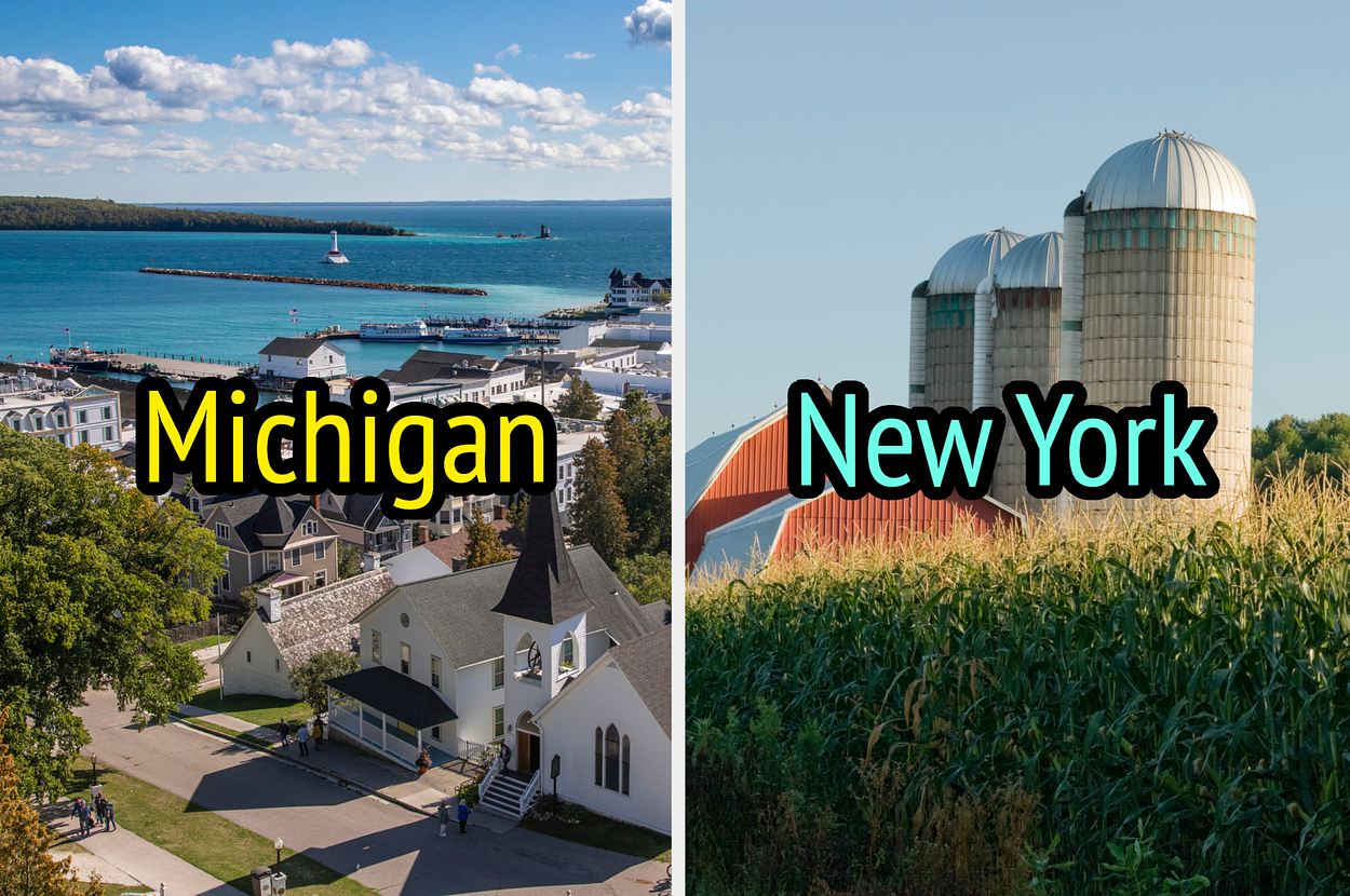 Split image: Left shows a waterfront town labeled "Michigan", right displays farm silos with "New York"