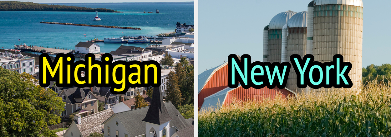 Split image: Left shows a waterfront town labeled "Michigan", right displays farm silos with "New York"