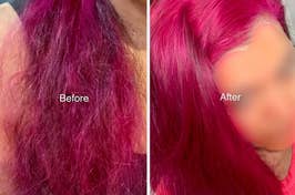 Side-by-side comparison of hair before and after dyeing, showing improved vibrancy and condition