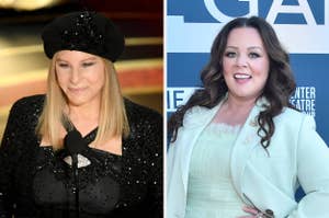 Two side-by-side photos: Left, Barbra Streisand in black attire and hat; right, Melissa McCarthy in a white dress under a blue blazer