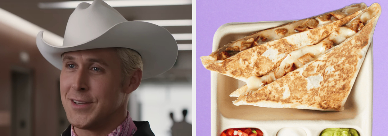 On the left, Ryan Gosling as Ken in Barbie wears a cowboy outfit, and on the right, a tray with quesadillas and sides of salsa, sour cream, and guacamole
