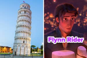 On the left, the Leaning Tower of Pisa, and on the right, Flynn Rider from Tangled