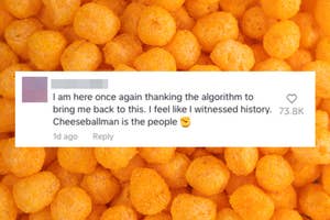 Close-up of cheese balls with a social media comment overlay praising 'Cheeseballman' as historical