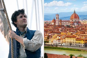 On the left, Jonah Hauer-King on a ship as Prince Eric in the live action Little Mermaid, and on the right, Florence, Italy