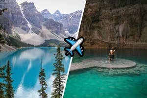 Split image contrasting natural mountain lake scenery with a traveler in an underground water cave