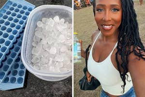 A reviewer smiling at an outdoor event in a white ribbed cropped tank and a reviewer's ice cube tray and container with clear nugget ice cubes