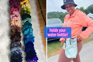 A woman smiling, wearing a cap, and demonstrating a purse that can hold a water bottle, next to a variety of scrunchies in 40 colors