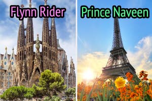 On the left, the Sagrada Familia labeled Flynn Rider, and on the right, the Eiffel Tower with flowers foreground labeled Prince Naveen