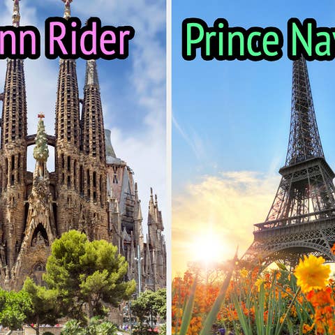 On the left, the Sagrada Familia labeled Flynn Rider, and on the right, the Eiffel Tower with flowers foreground labeled Prince Naveen