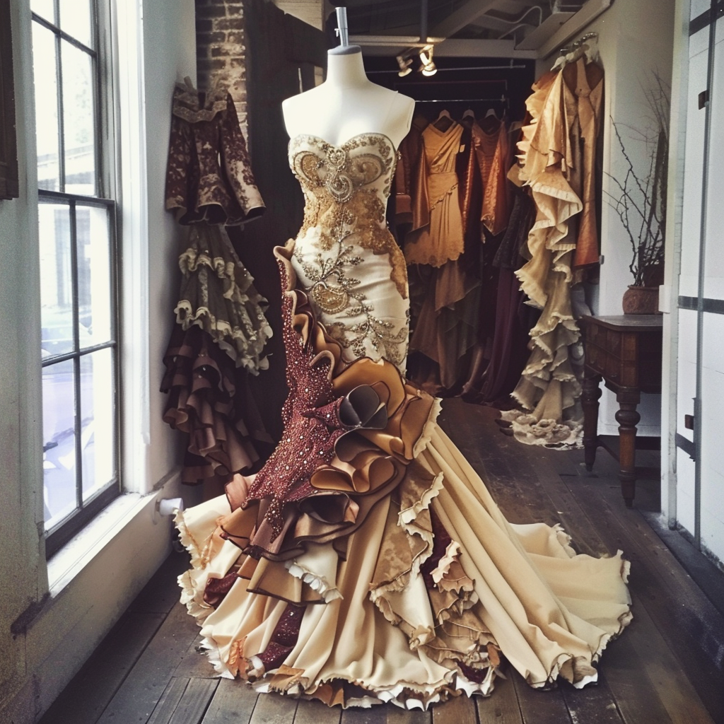 Elaborate gown with layered skirt and intricate beading on mannequin in a boutique setting