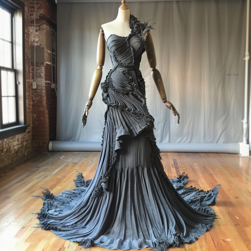 Elegant floor-length gown with textured layers and feather details on a mannequin