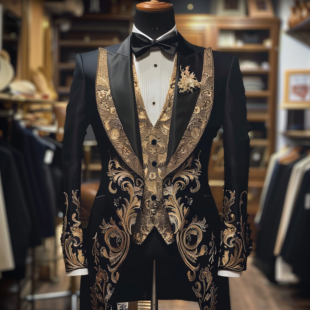 Mannequin wearing an ornate tuxedo with gold embroidery, bow tie, and floral lapel pin