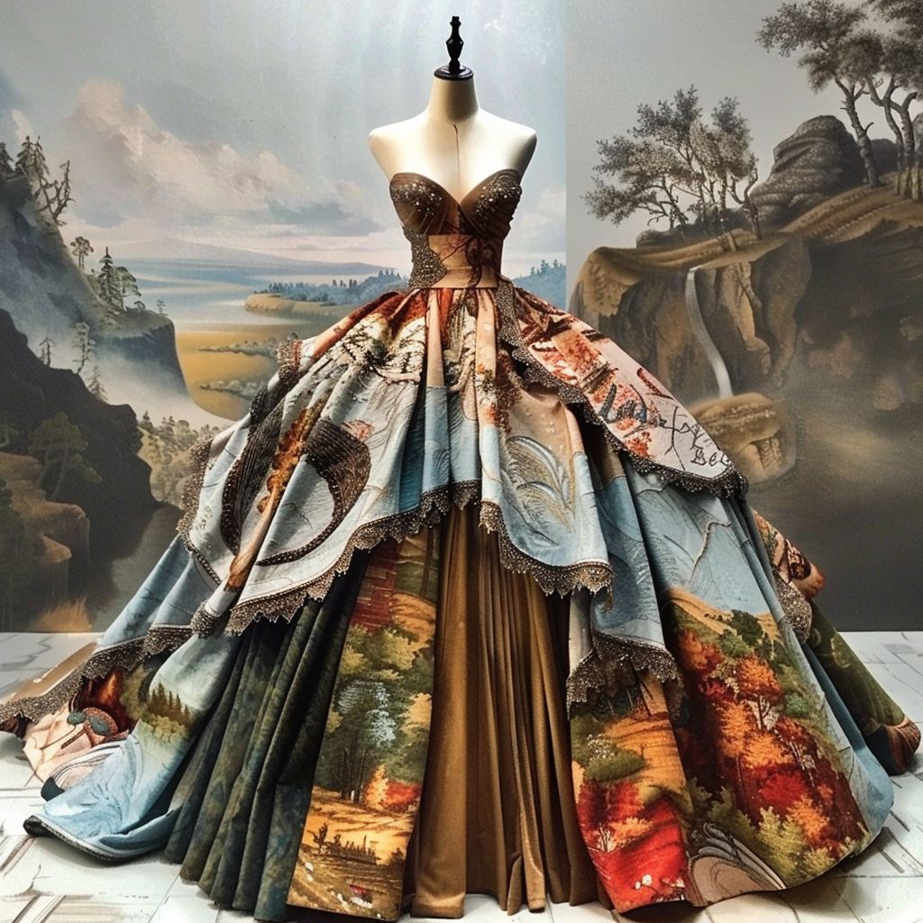Mannequin in ornate ballgown featuring landscape art with full skirt and fitted bodice
