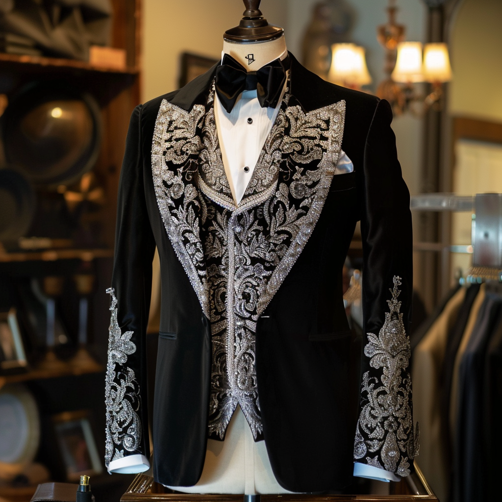 Elegant tuxedo with intricate silver embroidery on lapel and sleeves displayed on mannequin