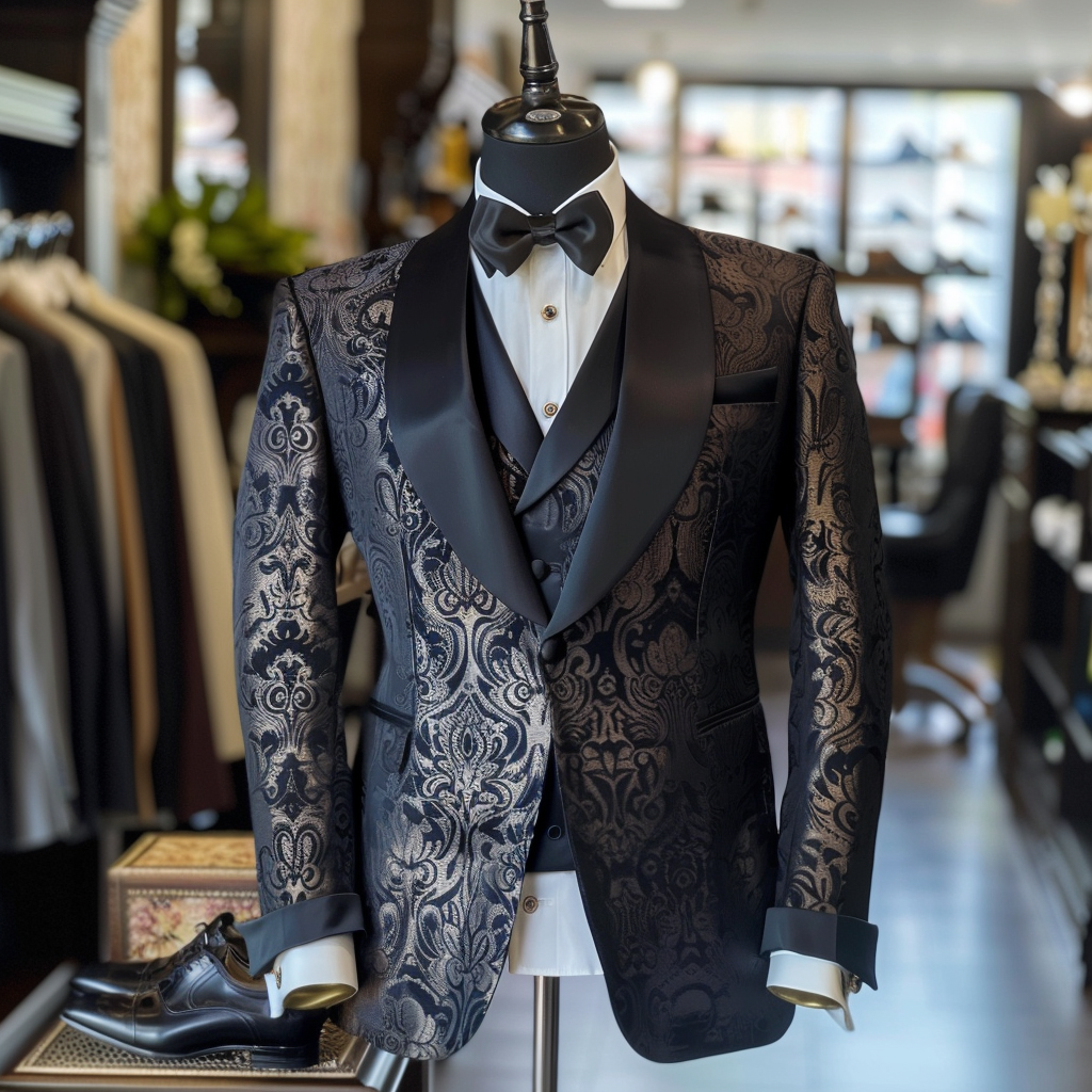 Mannequin displaying a tuxedo with intricate patterns on the jacket, accessorized with a bow tie and dress shoes