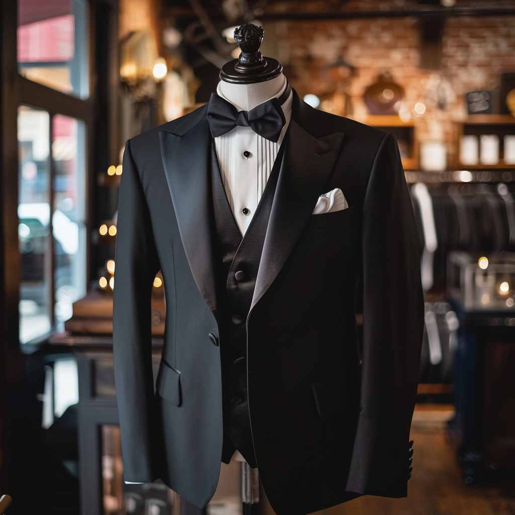 Elegant tuxedo on a mannequin with a bow tie and pocket square displayed in a shop
