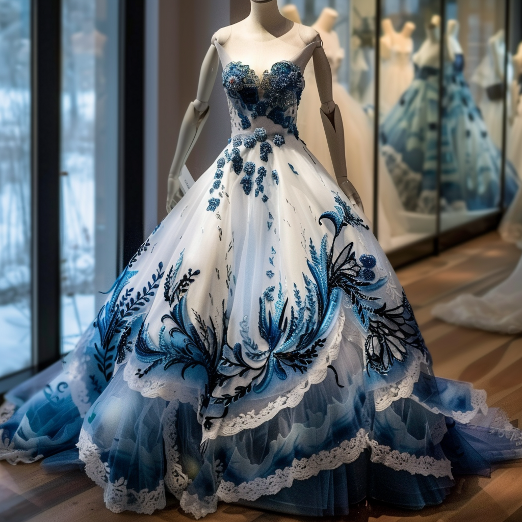 Elegant ball gown with intricate blue floral embroidery on display, no persons in image