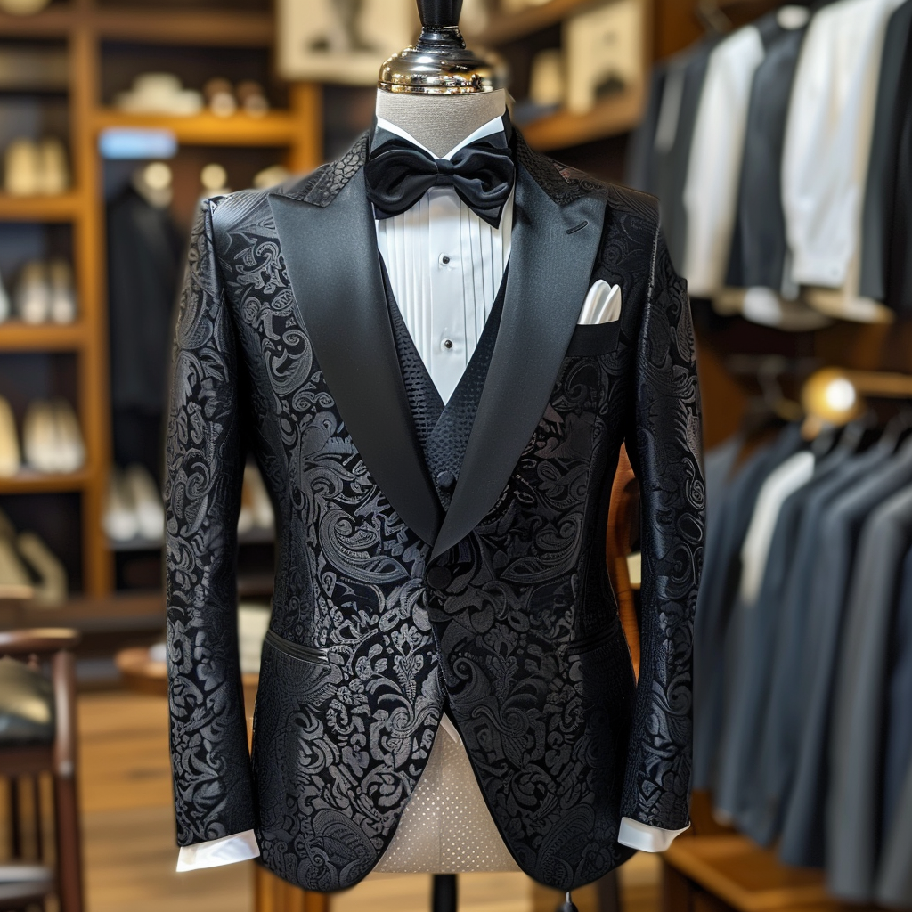Mannequin displaying a black tuxedo with paisley patterns and bow tie in a shop setting