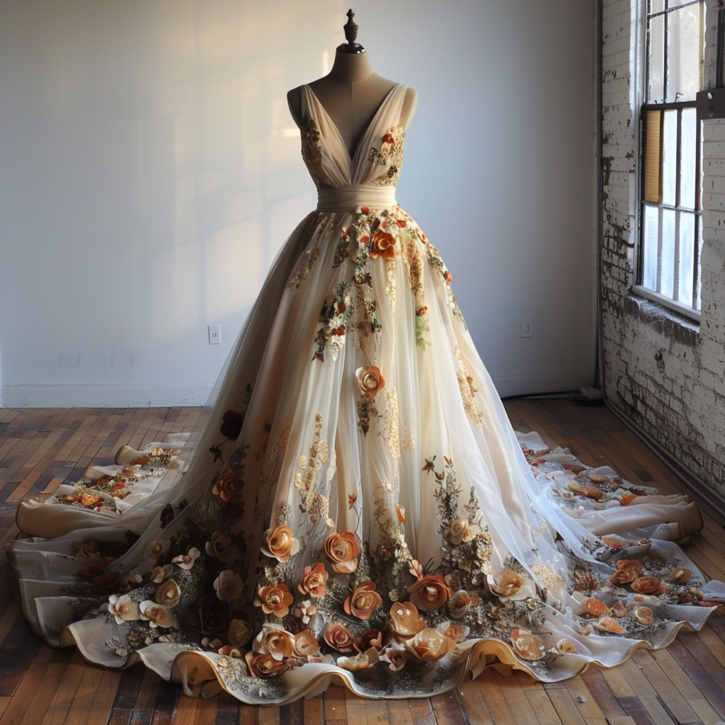 A mannequin displays a floor-length gown with floral applique