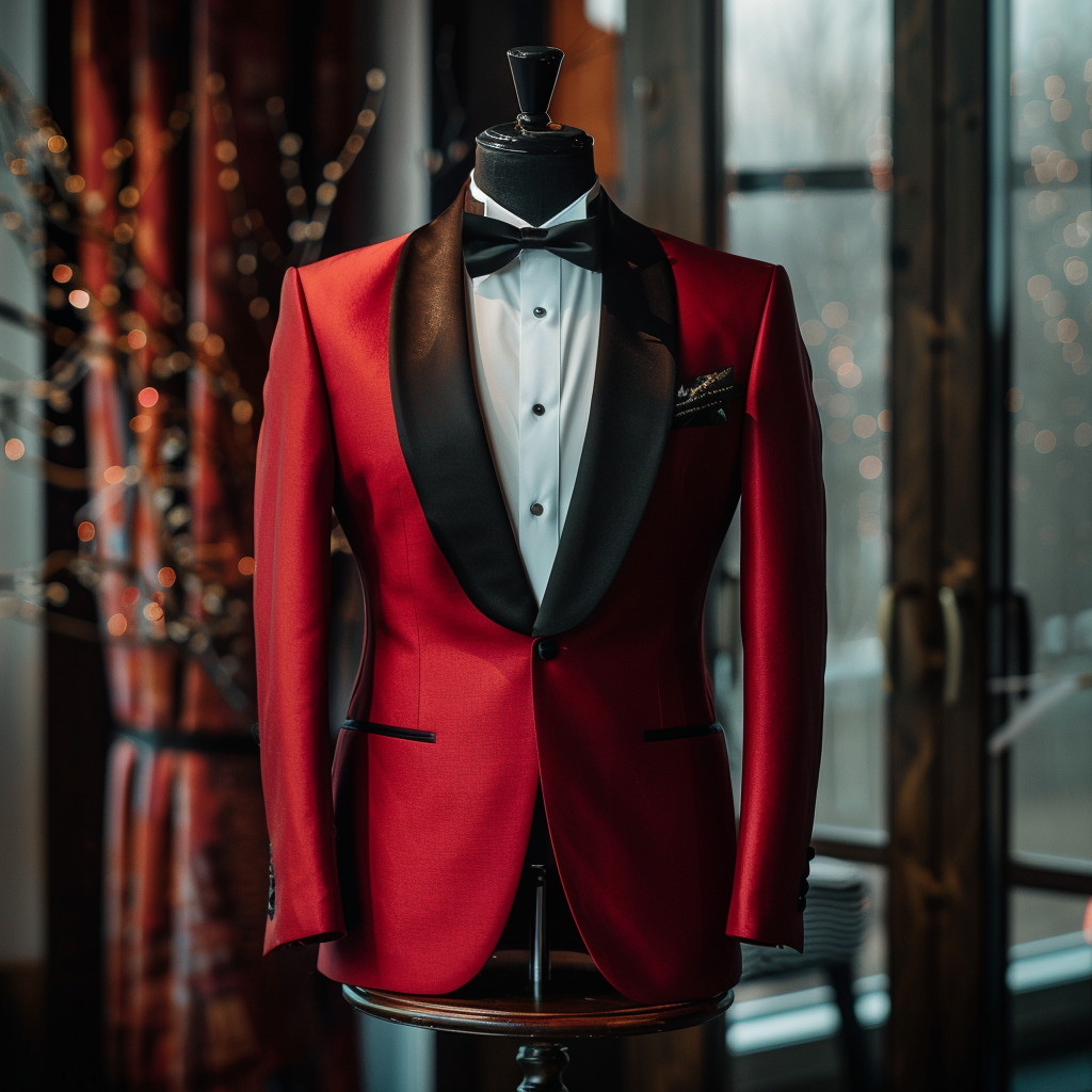 Red tuxedo with black lapels and a bow tie on a mannequin, reflecting a formal and stylish look
