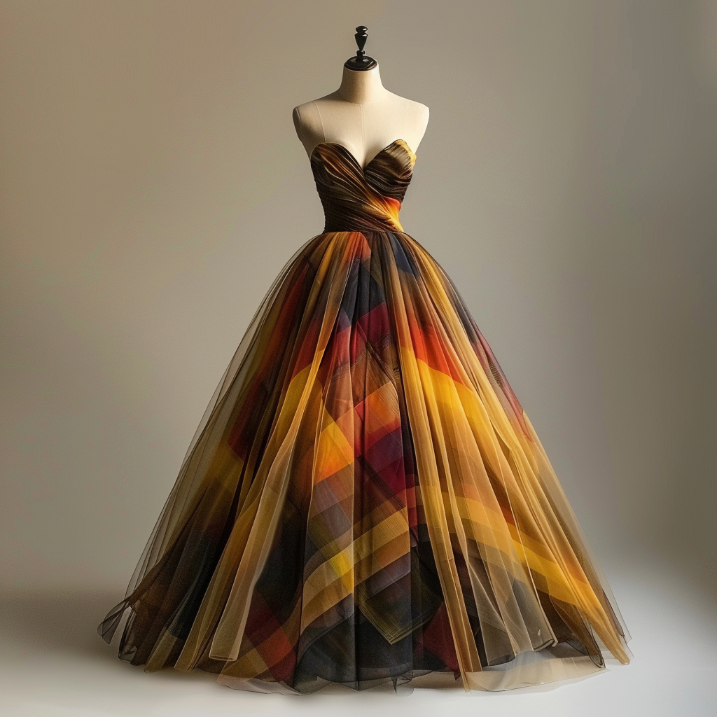 Elegant strapless gown with a pleated bodice and full, multilayered skirt displayed on a mannequin