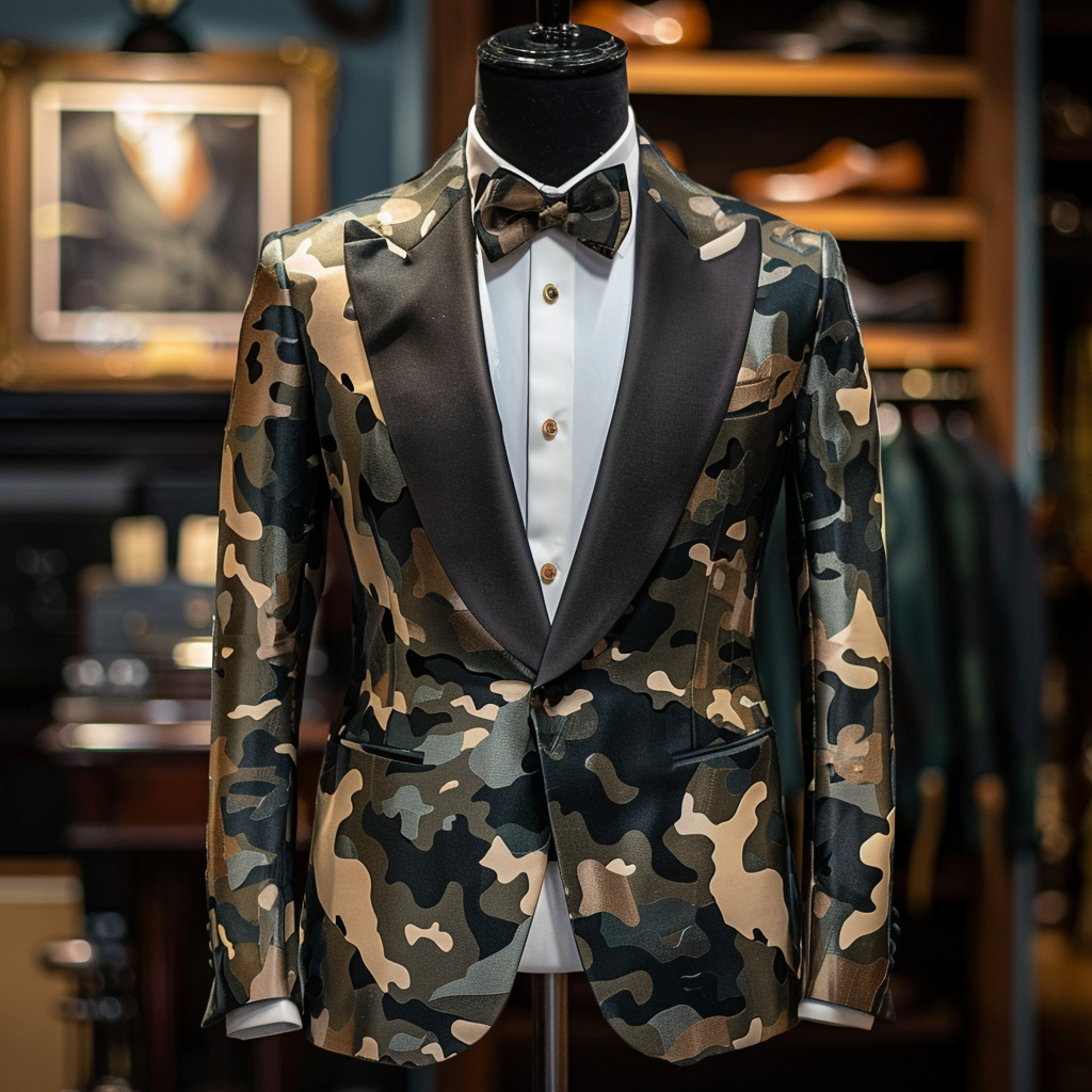 Mannequin displaying a camouflage tuxedo with black lapels and bow tie