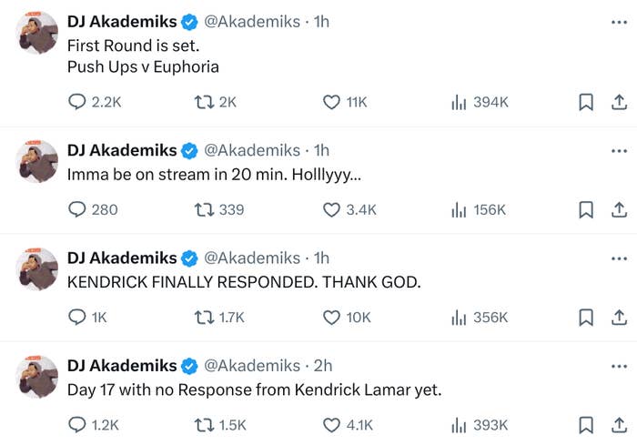 Four screenshots of tweets from DJ Akademiks discussing a verbal exchange between Pusha T and another artist