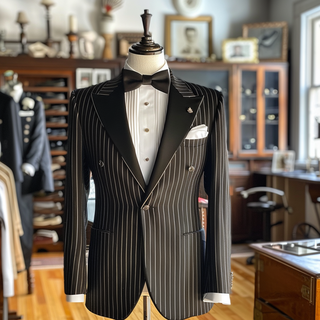 Tailored pinstripe suit with satin lapels on a mannequin in a boutique setting