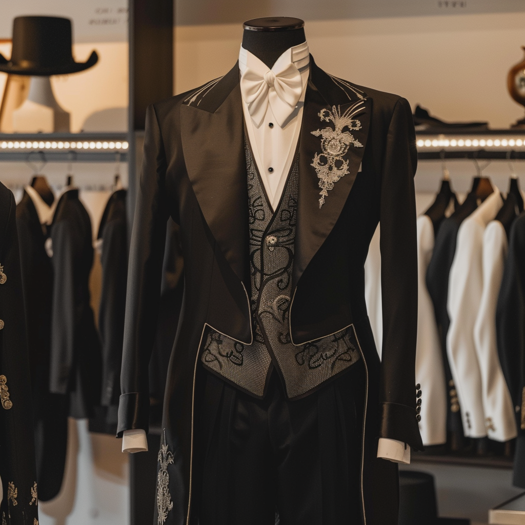 Mannequin displaying a black tuxedo with intricate silver embroidery and a bow tie, in a boutique setting