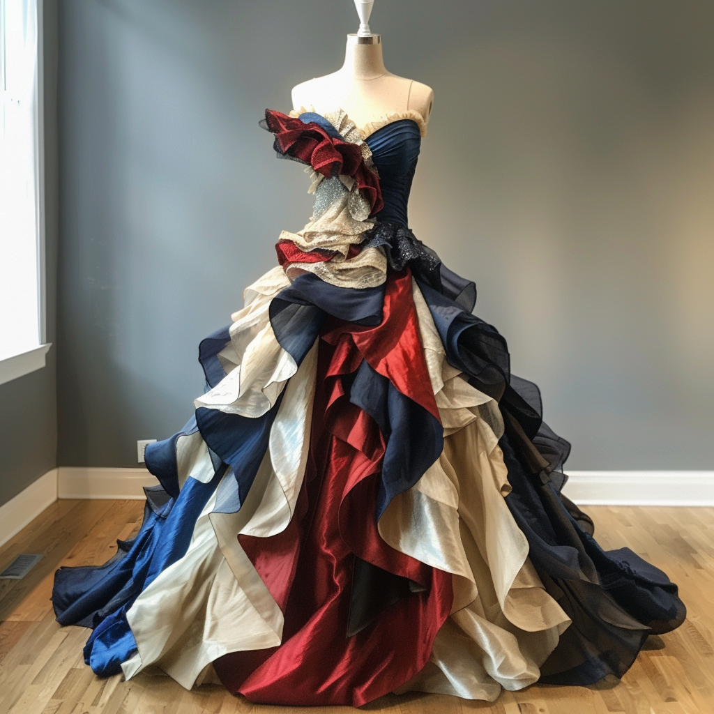 Elegant gown with layered ruffles and asymmetrical design, displayed on a mannequin