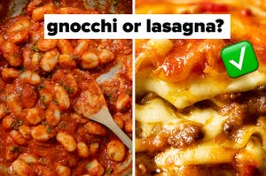 Two dishes, gnocchi with tomato sauce on the left, lasagna on the right with a green checkmark indicating preference
