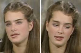 Two split images of Brooke Shields, one with her looking towards the camera and the other with her eyes looking down