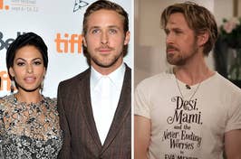 Eva Mendes and Ryan Gosling at an event; Ryan in a suit and Eva in a lace dress, accompanied by a still from a film featuring Ryan in a graphic tee