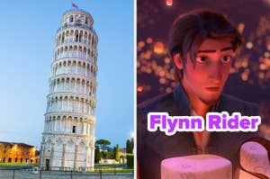 On the left, the Leaning Tower of Pisa, and on the right, Flynn Rider from Tangled