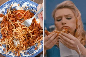 Left: Close-up of a fork twirling spaghetti with meat sauce. Right: Woman eating a sandwich outdoors