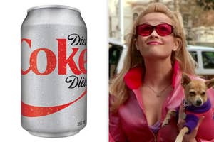 Diet Coke can next to Elle Woods from Legally Blonde in pink jacket with dog