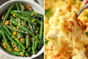 Two dishes side by side: green beans with garnish and cheesy macaroni and cheese being served with a fork