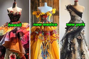 Three mannequins displaying elaborate dresses themed after Hawaii, New Mexico, and New York
