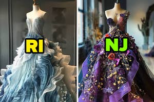 Two elaborate gowns on mannequins, one featuring a cascade of blue tones, the other adorned with a multicolored floral design