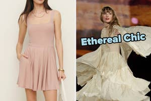 On the left, someone wearing a sleeveless flared dress, and on the right, Taylor Swift on stage in a flowing dress with Ethereal Chic typed under her chin