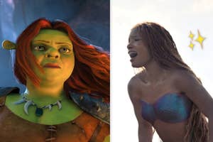 Animated characters Fiona from Shrek and Ariel from The Little Mermaid side by side