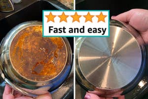 Before and after shots of a pot, the left dirty and right clean, with text "Fast and easy" and five stars above