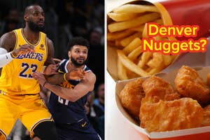LeBron James and Jamal Murray in action during a basketball game, with an image of chicken nuggets and text questioning "Denver Nuggets?"