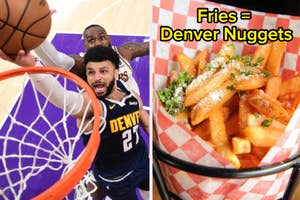 Basketball action with Denver player shooting, side-by-side with fries captioned as "Denver Nuggets"