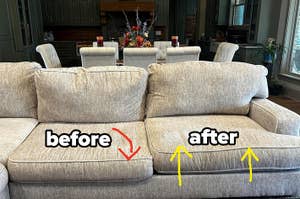 Couch with cushion before, slouching and slipping off the couch, and the cushion next to it after, looking new and firm