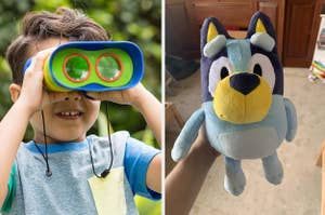 child model using toy binoculars; talking Bluey plush dog toy