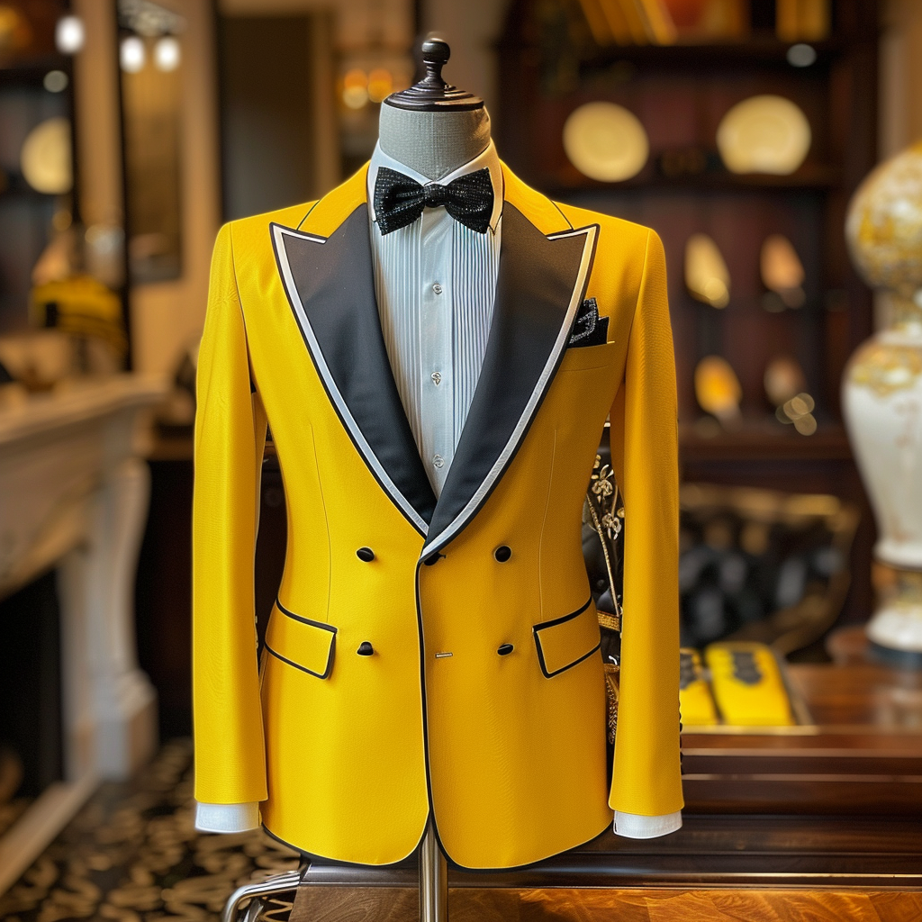 Mannequin displaying a double-breasted yellow tuxedo with black lapels and bow tie